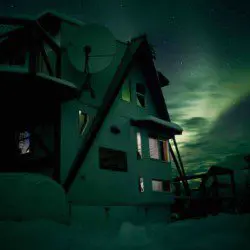 Nighttime view of a cozy treehouse structure under glowing green northern lights in Fairbanks, Alaska