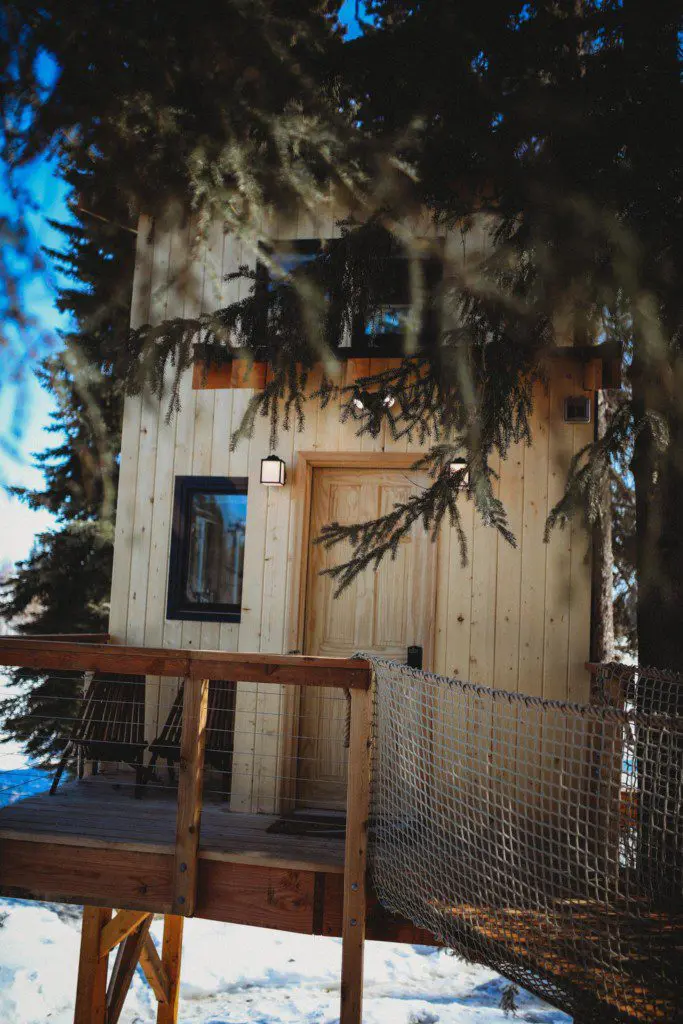 Wooden rope bridge leading to a cozy treehouse cabin among pine trees in Fairbanks Alaska
