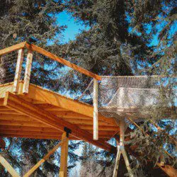 Raised wooden treehouse deck with rope netting nestled in tall pine trees in Fairbanks, Alaska