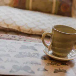 Close-up of a ceramic coffee cup on a butterfly print tray with patterned pillows in the background, Fairbanks Alaska