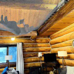 Living room with log walls and ceiling hammock net in a Fairbanks Alaska treehouse rental