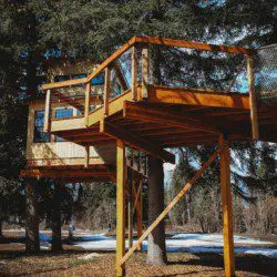 Elevated wooden treehouse cabin with deck nestled in the Fairbanks, Alaska forest