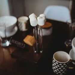 Coffee maker, kettle, and cups on wooden counter in a Fairbanks Alaska treehouse kitchen