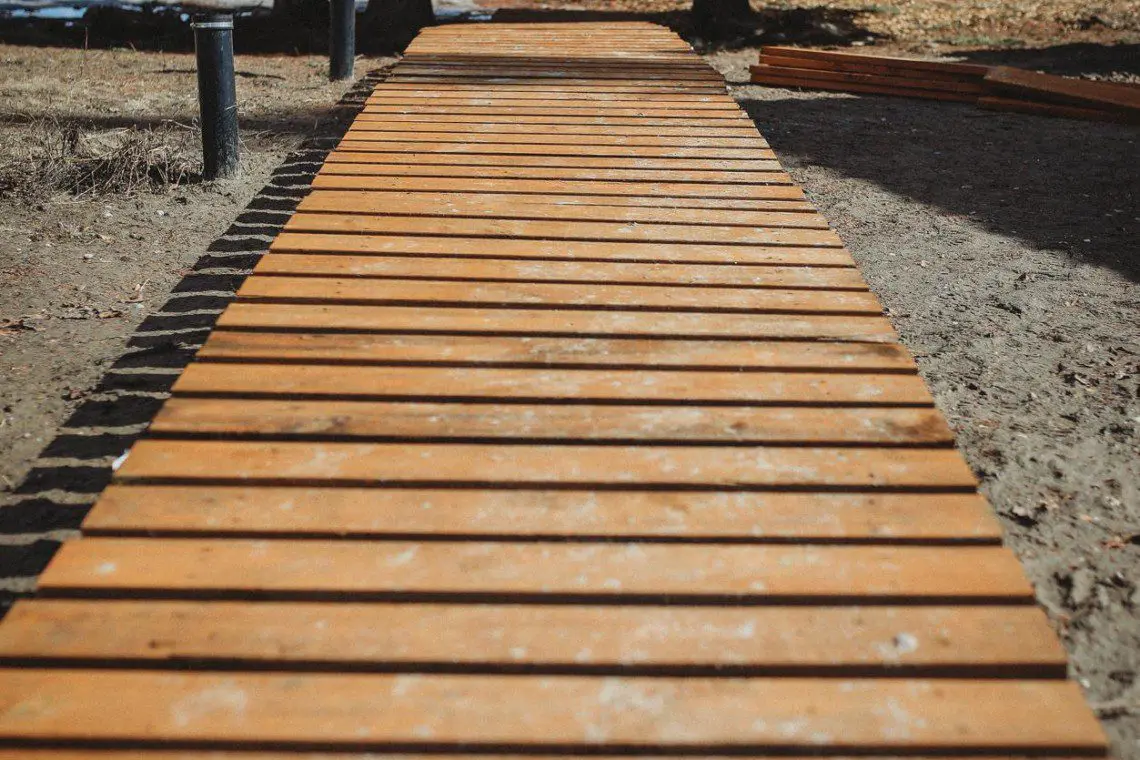 Wooden boardwalk path through trees at Fairbanks Alaska adventure lodge
