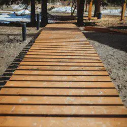 Wooden boardwalk path through trees at Fairbanks Alaska adventure lodge