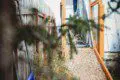 Narrow wooden path with railing leading to a white treehouse structure, partially framed by pine branches in Fairbanks, Alaska