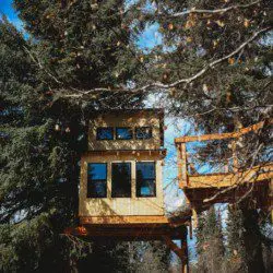 Elevated wooden treehouse cabin with deck nestled in the Fairbanks, Alaska forest