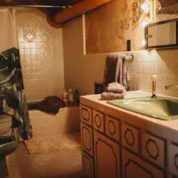 Rustic bathroom with green sink, patterned cabinetry, shower, and wood accents in a Fairbanks Alaska treehouse rental