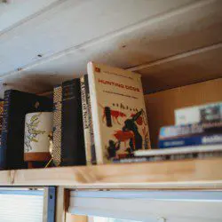 Wooden shelf with books, mugs, and games in a cozy Fairbanks Alaska treehouse rental