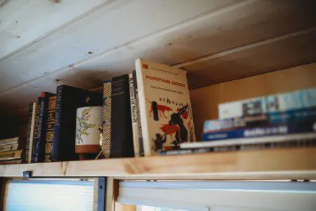 Wooden shelf with books, mugs, and games in a cozy Fairbanks Alaska treehouse rental