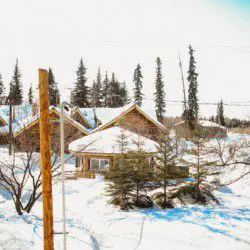 Rustic log lodge surrounded by light snow and trees in Fairbanks, Alaska on a bright day