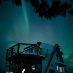Nighttime view of a cozy treehouse structure under glowing green northern lights in Fairbanks, Alaska