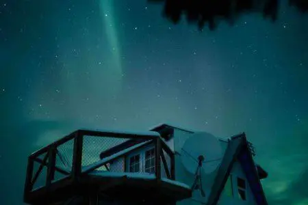 Nighttime view of a cozy treehouse structure under glowing green northern lights in Fairbanks, Alaska