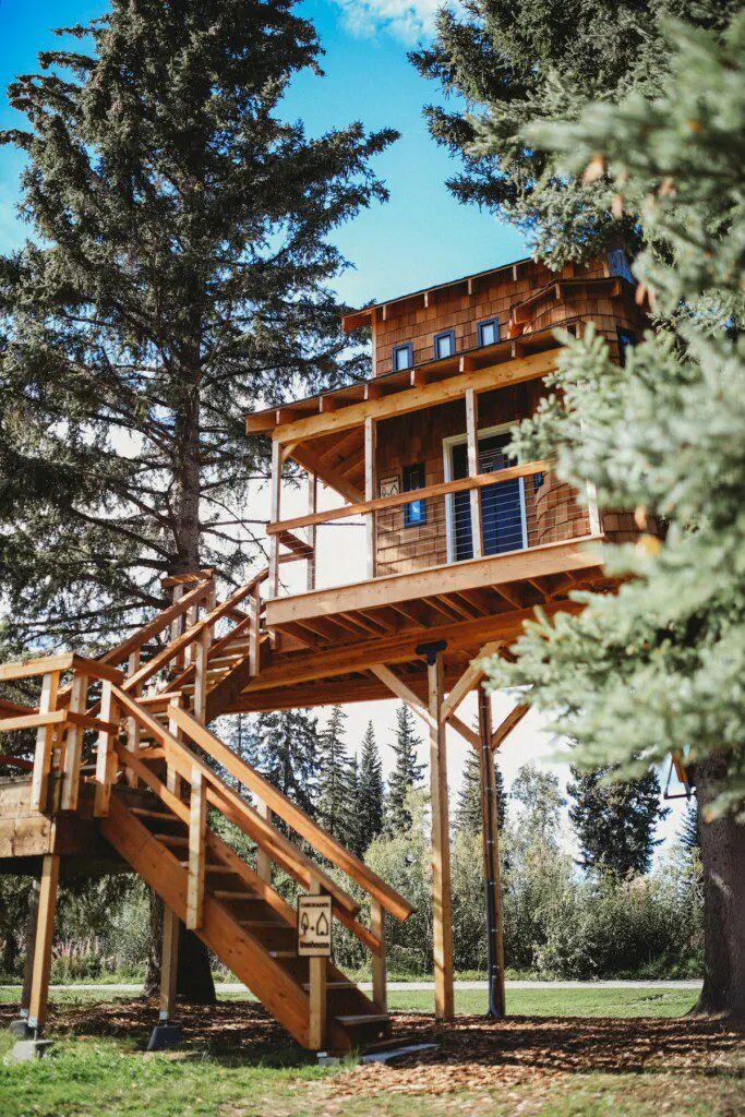 Elevated wooden treehouse with staircase surrounded by trees in Fairbanks, Alaska