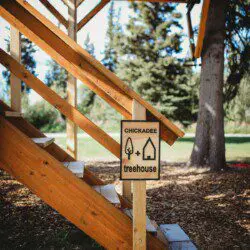 Wood-paneled loft with staircase, large windows, and cozy decor in a Fairbanks Alaska treehouse rental