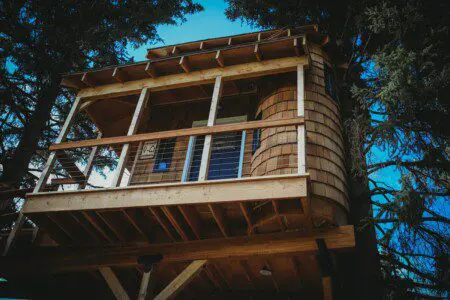Elevated wooden treehouse cabin surrounded by pine trees in Fairbanks, Alaska.
