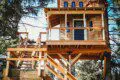 Elevated wooden treehouse with staircase surrounded by trees in Fairbanks, Alaska
