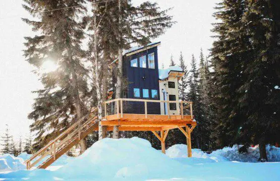 Modern black and wood-paneled treehouse rental elevated on stilts in a snowy forest in Fairbanks, Alaska.