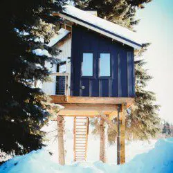 Modern black and wood-paneled treehouse rental elevated on stilts in a snowy forest in Fairbanks, Alaska.