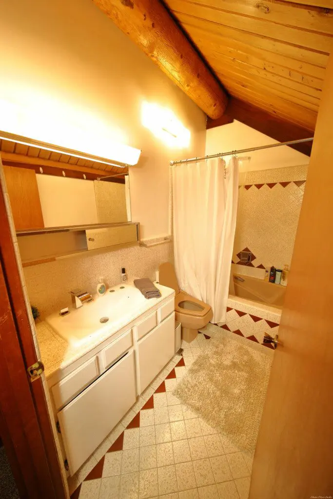 Rustic log cabin bathroom with white vanity, shower curtain, and wood-accented ceiling at Alaska Adventure Lodge in Fairbanks, Alaska
