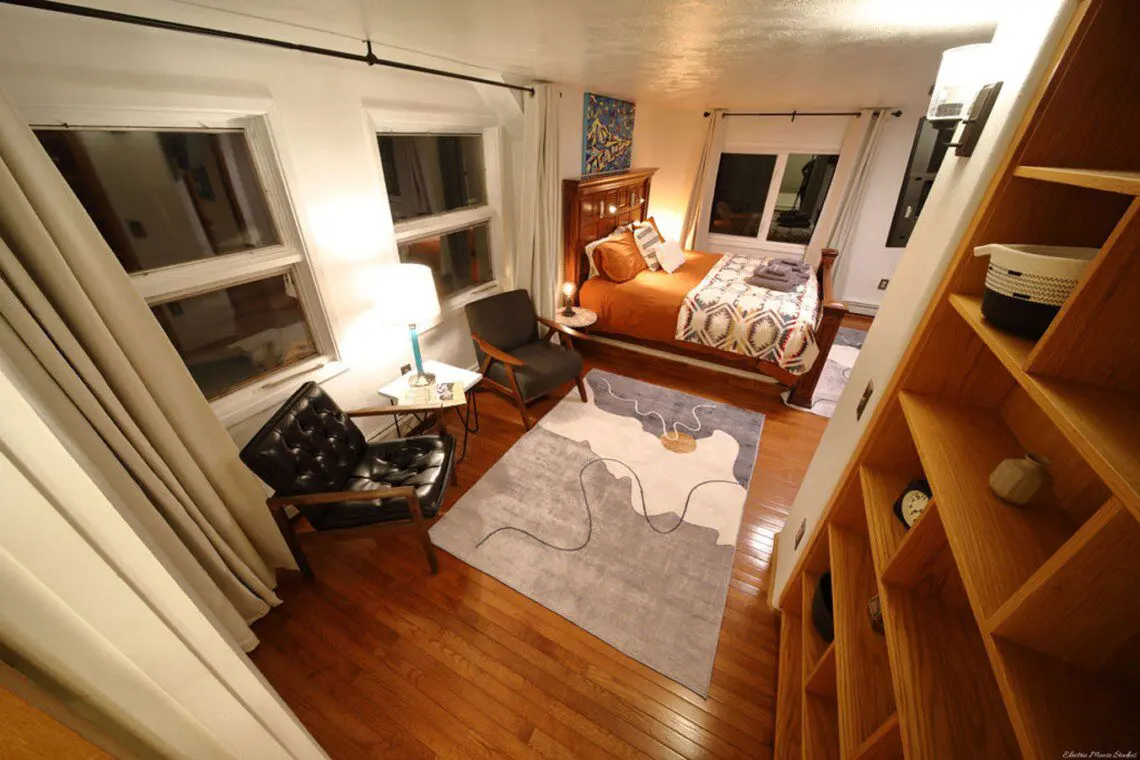 Bunk beds and play area in large family room at Fairbanks adventure lodge in Alaska.