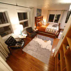 Bunk beds and play area in large family room at Fairbanks adventure lodge in Alaska.