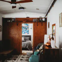 Modern living space inside restored railcar at Alaska adventure lodge in Fairbanks.
