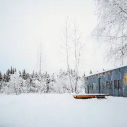 Vintage Alaska Railroad car in snowy Fairbanks forest at unique lodge stay.