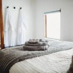 View from bedroom through cozy railcar interior at Alaska adventure lodge in Fairbanks.