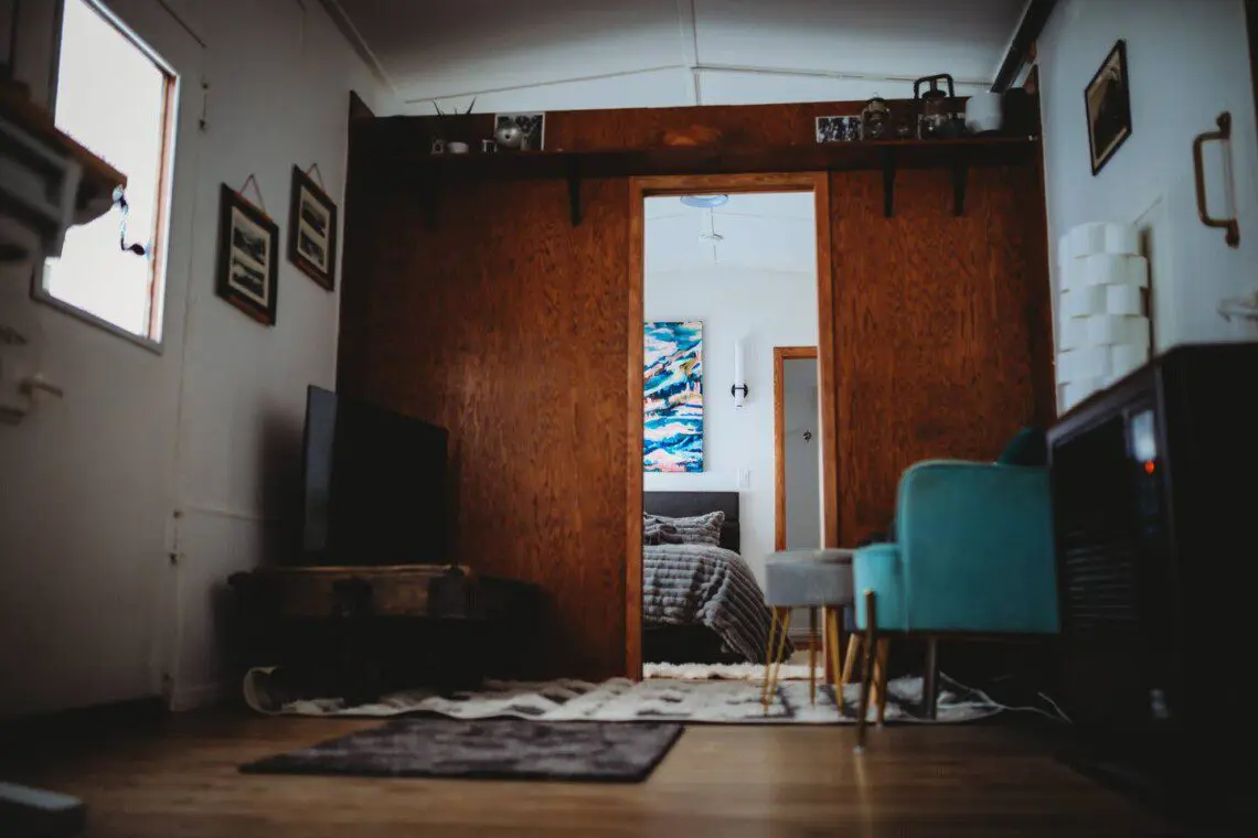 Stylish interior of restored railcar lodge stay in Fairbanks, Alaska.