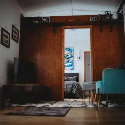 Stylish interior of restored railcar lodge stay in Fairbanks, Alaska.