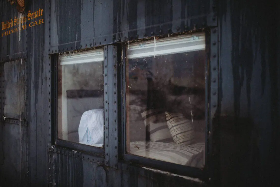 Pillows and bed inside United States Senate railcar lodge in Fairbanks, Alaska.