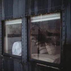 Pillows and bed inside United States Senate railcar lodge in Fairbanks, Alaska.