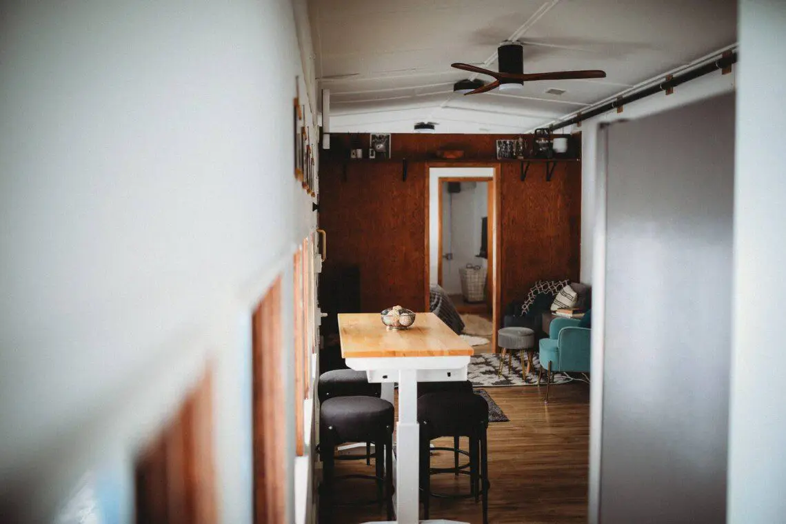 Stylish interior of restored railcar lodge stay in Fairbanks, Alaska.