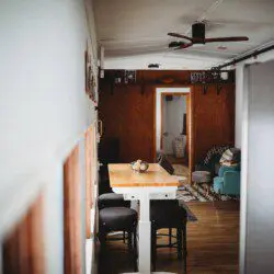 Stylish interior of restored railcar lodge stay in Fairbanks, Alaska.