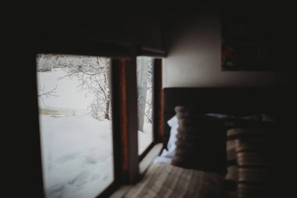 Pillows and bed inside United States Senate railcar lodge in Fairbanks, Alaska.