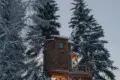 Wooden treehouse cabin on stilts surrounded by snowy pine trees in Fairbanks Alaska