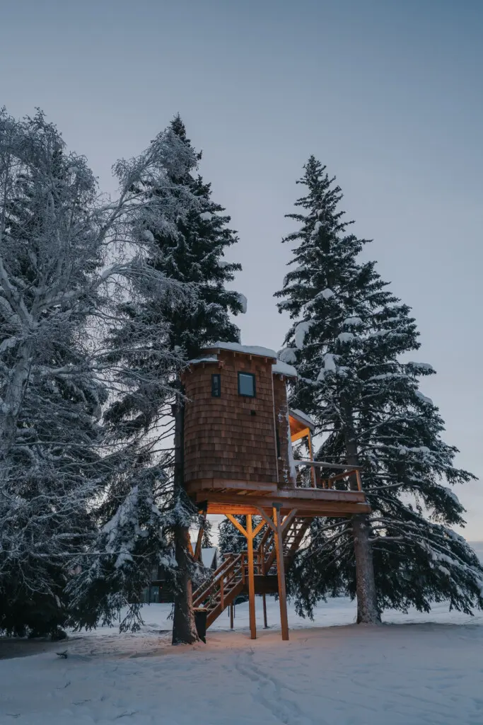 Wooden treehouse cabin on stilts surrounded by snowy pine trees in Fairbanks Alaska