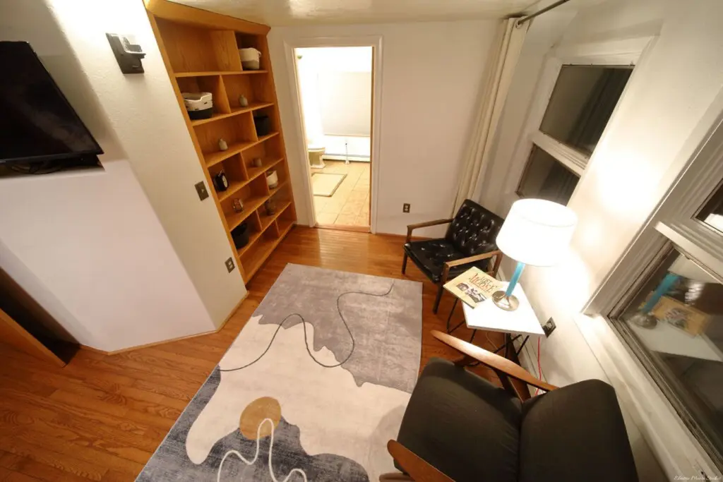 Small cozy reading corner with modern chair, lamp, and rug in a Fairbanks Alaska treehouse rental