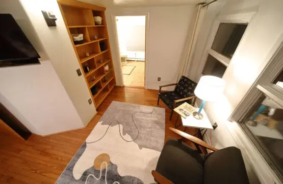 Small cozy reading corner with modern chair, lamp, and rug in a Fairbanks Alaska treehouse rental