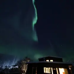 Glowing northern lights above snowy Fairbanks treehouse lodge at night with warm interior lighting