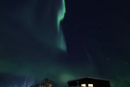 Glowing northern lights above snowy Fairbanks treehouse lodge at night with warm interior lighting