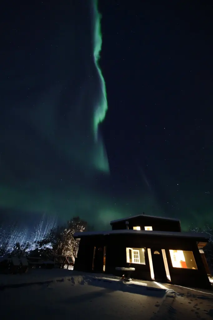 Glowing northern lights above snowy Fairbanks treehouse lodge at night with warm interior lighting