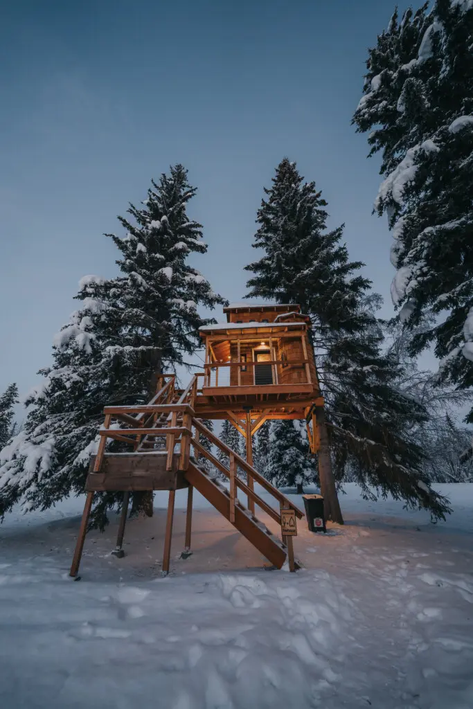 Wooden treehouse cabin on stilts surrounded by snowy pine trees in Fairbanks Alaska