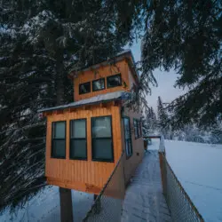 Couple standing on a snowy wooden treehouse deck surrounded by pine trees in Fairbanks Alaska