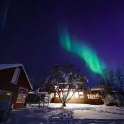 Aurora Borealis glowing above snowy Fairbanks lodge at night, ideal for Alaska adventure and treehouse stays