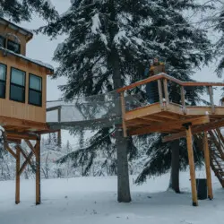 Couple standing on a snowy wooden treehouse deck surrounded by pine trees in Fairbanks Alaska