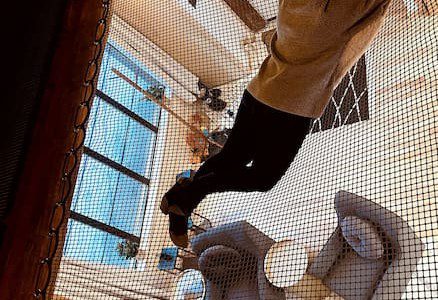 Person swinging over cozy treehouse living room with netting and wood interior in Fairbanks Alaska