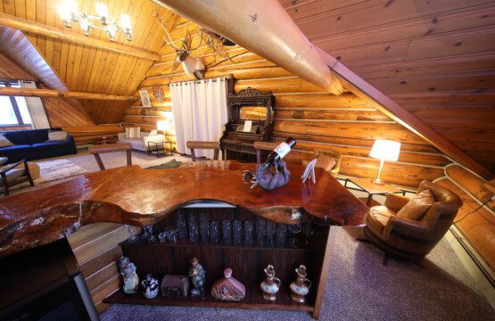 Rustic loft lounge with log walls, cozy seating, and soft carpet in a Fairbanks Alaska treehouse rental