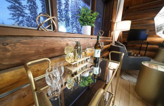 Stylish bar cart with wine glasses, shaker, and bottle in a cozy log cabin with snowy window view in Fairbanks, Alaska